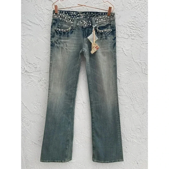 Miss Me Womens Rhinestone Mid Rise Boot Cut Denim Jeans Light Blue Sz 28 - Picture 1 of 16